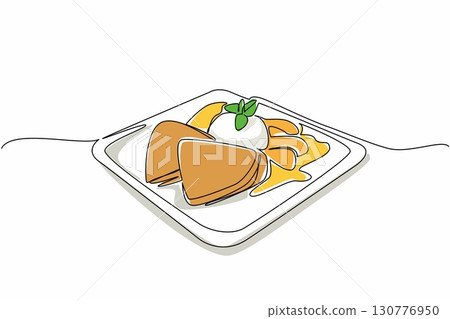 Continuous one line drawing crepe suzette served with orange marmalade and vanilla ice cream. Desserts that will makes full. National Crepe Suzette Day. Single line draw design vector illustration 130776950