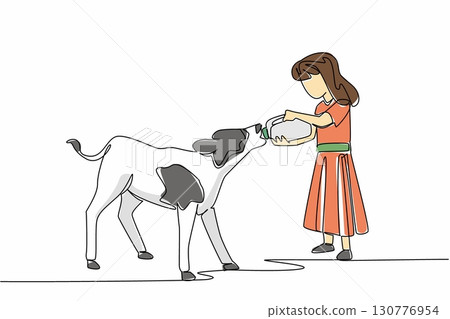 Single continuous line drawing girl holding a large milk bottle and giving it to a calf. Take care of the cow patiently until it grows big. National Open Farm Day. One line design vector illustration 130776954