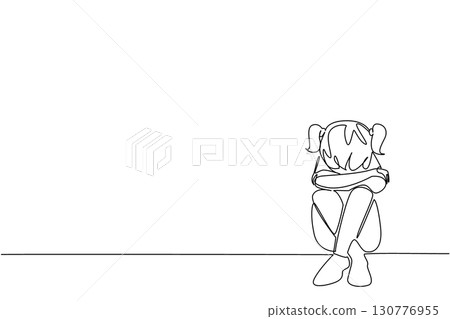 Single continuous line drawing girl sitting on the floor with her head bowed. Missing the love of parents very much. Loneliness. Childhood Depression Awareness Day. One line design vector illustration Single continuous line drawing girl sitting on the floor with her head bowed. Missing the love of parents very much. Loneliness. Childhood Depression Awareness Day. One line design vector illustration 130776955