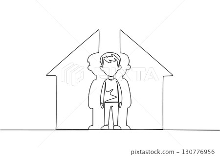 Single continuous line drawing a boy looking down and a house shaped puzzle. Symbolism of incomplete affection when in the house. Sad. National Foster Care Day. One line design vector illustration Single continuous line drawing a boy looking down and a house shaped puzzle. Symbolism of incomplete affection when in the house. Sad. National Foster Care Day. One line design vector illustration 130776956
