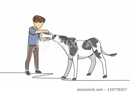 Single one line drawing boy holding a large milk bottle and giving it to a calf. Learn to be a good farmer. Be patient and diligent. National Open Farm Day. Continuous line design graphic illustration Single one line drawing boy holding a large milk bottle and giving it to a calf. Learn to be a good farmer. Be patient and diligent. National Open Farm Day. Continuous line design graphic illustration 130776957