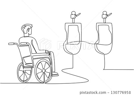 Single one line drawing a man sitting in a wheelchair looking at 2 urinals. A building that is not friendly to the disabled. National Barrier Awareness Day. Continuous line design graphic illustration Single one line drawing a man sitting in a wheelchair looking at 2 urinals. A building that is not friendly to the disabled. National Barrier Awareness Day. Continuous line design graphic illustration 130776958