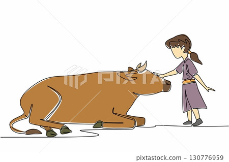 Continuous one line drawing girl stroking the head of a sitting cow. Stroking the animal to calm it down. Study in the right place. National Open Farm Day. Single line draw design vector illustration 130776959