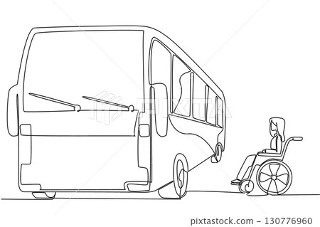 Continuous one line drawing woman sits in a wheelchair next to the bus and looks at the bus. Difficulties in modern times. National Barrier Awareness Day. Single line draw design vector illustration 130776960