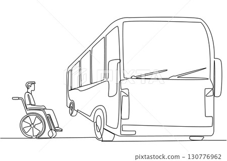 Continuous one line drawing man sits in a wheelchair next to the bus and looks at the bus. Buses are not disabled friendly. National Barrier Awareness Day. Single line draw design vector illustration 130776962