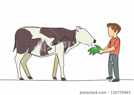 Single continuous line drawing a boy holds grass in his hand and gives it to the calf. Learn directly to the farm. Learn with the experts. National Open Farm Day. One line design vector illustration 130776965