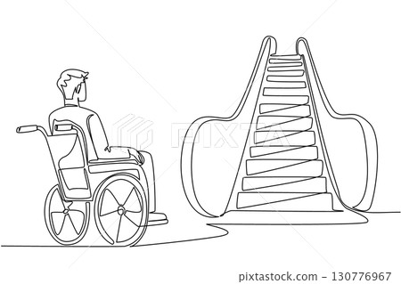 Single continuous line drawing a man sitting in a wheelchair and looking up at the escalator. Facing significant difficulties. National Barrier Awareness Day. One line design vector illustration 130776967