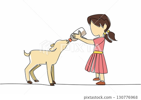 Single continuous line drawing girl holding a milk bottle in her hand and giving it to the lamb. The best milk for the growth of lambs. National Open Farm Day. One line design vector illustration 130776968