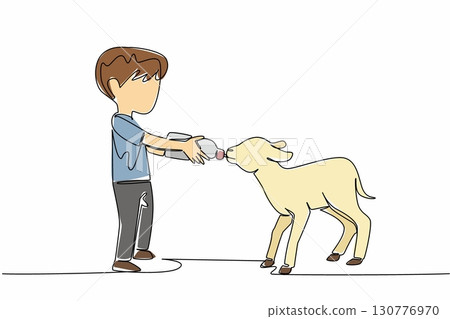 Single one line drawing boy holding a milk bottle in his hand and giving it to the lamb. Visiting a lamb farm. Learning. Education. National Open Farm Day. Continuous line design graphic illustration Single one line drawing boy holding a milk bottle in his hand and giving it to the lamb. Visiting a lamb farm. Learning. Education. National Open Farm Day. Continuous line design graphic illustration 130776970