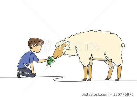 Continuous one line drawing boy holds a handful of grass in his hand and gives it to the sheep. The best food for the best wool. National Open Farm Day. Single line draw design vector illustration 130776975