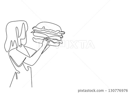 Single one line drawing a woman eating a large burger. Will be full when eating in large portions. Hobby eating. The greedy woman. National No Diet Day. Continuous line design graphic illustration Single one line drawing a woman eating a large burger. Will be full when eating in large portions. Hobby eating. The greedy woman. National No Diet Day. Continuous line design graphic illustration 130776976