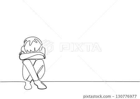 Single one line drawing boy sitting on the floor with head bowed. The worst sadness is failing to get the best grades. Childhood Depression Awareness Day. Continuous line design graphic illustration Single one line drawing boy sitting on the floor with head bowed. The worst sadness is failing to get the best grades. Childhood Depression Awareness Day. Continuous line design graphic illustration 130776977