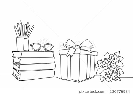 Continuous one line drawing corner of table with stack of books and gift box plus bouquet of flowers. Surprise gifts from students. National Day of Teacher. Single line draw design vector illustration Continuous one line drawing corner of table with stack of books and gift box plus bouquet of flowers. Surprise gifts from students. National Day of Teacher. Single line draw design vector illustration 130776984