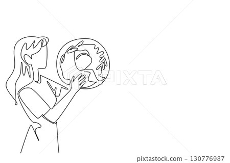 Continuous one line drawing a woman eating a large donut. The donut lover with any flavor. Jumbo size makes it feel full faster. National No Diet Day. Single line draw design vector illustration 130776987