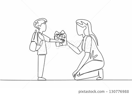Continuous one line drawing male student gives a gift box to female teacher. Teachers are unsung heroes. Expressions of gratitude. National Day of Teacher. Single line draw design vector illustration 130776988