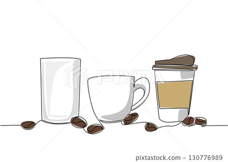 Single continuous line drawing cups, mugs, and paper cups with some coffee beans around the glass. Warm coffee to accompany the work. Fresh. National Beverage Day One line design vector illustration 130776989
