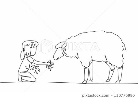 Continuous one line drawing girl holds a handful of grass in her hand and gives it to the sheep. Providing the best grass feed. National Open Farm Day. Single line draw design vector illustration 130776990
