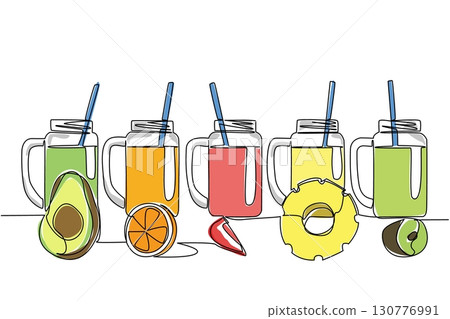 Single continuous line drawing 5 glass mugs with straws in each mug. Order fresh drinks online. Easier. Anti spill. Warming up the atmosphere. National Beverage Day One line design vector illustration Single continuous line drawing 5 glass mugs with straws in each mug. Order fresh drinks online. Easier. Anti spill. Warming up the atmosphere. National Beverage Day One line design vector illustration 130776991