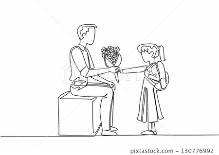 Single continuous line drawing female student gives bouquet of flowers to the teacher sitting on bench. A sincere expression of gratitude. National Day of Teacher. One line design vector illustration 130776992