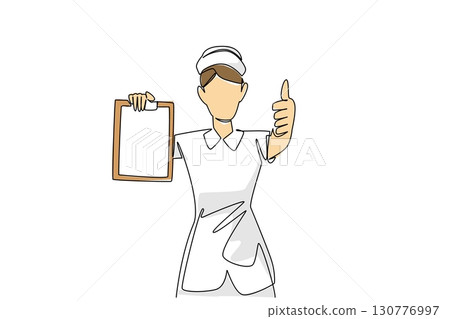 Continuous one line drawing female nurse with nurse cap holding clipboard and making thumbs up gesture. Allowed to go home. Healthy. National Nurses Day. Single line draw design vector illustration Continuous one line drawing female nurse with nurse cap holding clipboard and making thumbs up gesture. Allowed to go home. Healthy. National Nurses Day. Single line draw design vector illustration 130776997