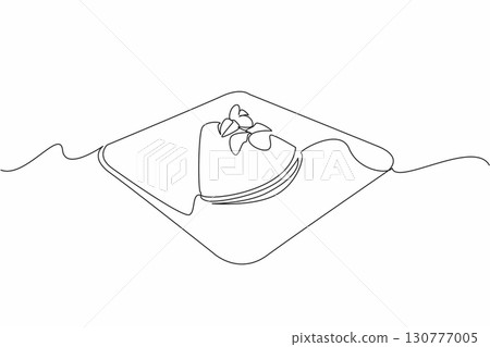 Single one line drawing crepe suzette with orange slices and leaves on a square plate. Traditional French food. Orange flavored. National Crepe Suzette Day. Continuous line design graphic illustration 130777005