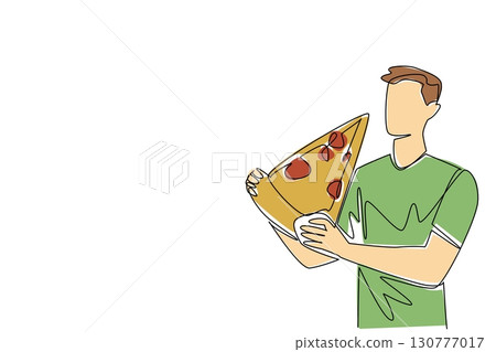 Continuous one line drawing a man eats a large slice of pizza. Without thinking about health. Always eat in large portions. Greedy. National No Diet Day. Single line draw design vector illustration Continuous one line drawing a man eats a large slice of pizza. Without thinking about health. Always eat in large portions. Greedy. National No Diet Day. Single line draw design vector illustration 130777017