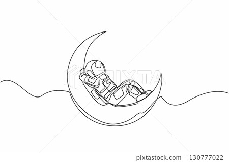 Single continuous line drawing astronaut lying on the crescent moon. An easy way to relax in space. Space exploration. Deep asleep. Science. National Astronaut Day. One line design vector illustration 130777022