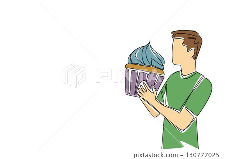 Single continuous line drawing a man eating a large cupcake. Forget about excess sugar content. Mainly a full stomach. Gluten. The overeater. National No Diet Day. One line design vector illustration Single continuous line drawing a man eating a large cupcake. Forget about excess sugar content. Mainly a full stomach. Gluten. The overeater. National No Diet Day. One line design vector illustration 130777025