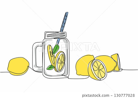 Single one line drawing lemonade, lemon slices and leaves in a mug. Simple healthy drink recipes to maintain body immunity. Sweet. National Lemonade Day. Continuous line design graphic illustration Single one line drawing lemonade, lemon slices and leaves in a mug. Simple healthy drink recipes to maintain body immunity. Sweet. National Lemonade Day. Continuous line design graphic illustration 130777028