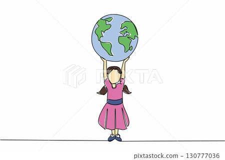 Single one line drawing a girl holds up a large globe. The world is more colorful without violence against girls. Protect her rights. Day of Children. Continuous line design graphic illustration 130777036
