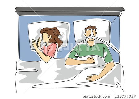 Single continuous line drawing a man sleeping on a bed using a CPAP mask accompanied by his sleeping wife. Caring sincerely. Disturbance. Sleep Apnea Awareness Day. One line design vector illustration 130777037