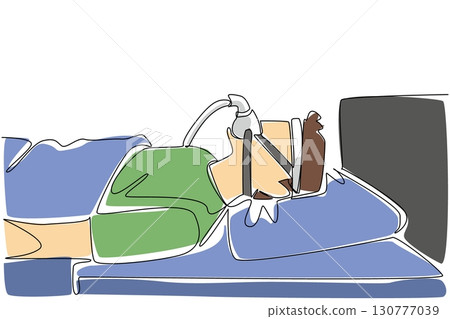 Single one line drawing a man sleeping on a bed using a blanket while wearing a CPAP mask. Helps keep breathing. Healthcare. Sleep Apnea Awareness Day. Continuous line design graphic illustration Single one line drawing a man sleeping on a bed using a blanket while wearing a CPAP mask. Helps keep breathing. Healthcare. Sleep Apnea Awareness Day. Continuous line design graphic illustration 130777039