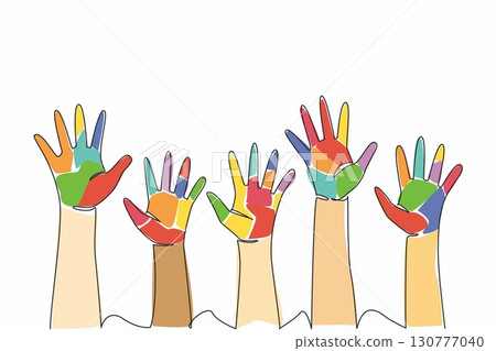 Single continuous line drawing 5 colorful open palms raised at varying heights. A symbol of freedom and happiness. Cheerful together. Friendship. Day of Children. One line design vector illustration 130777040