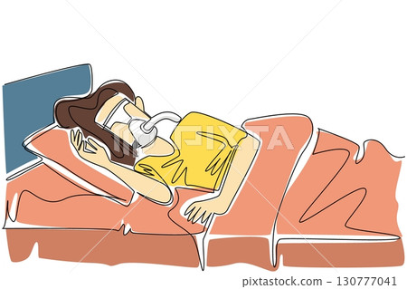 Single continuous line drawing woman sleeping on bed using a blanket while wearing CPAP mask. Avoiding breathing disorders during sleep. Sleep Apnea Awareness Day. One line design vector illustration 130777041