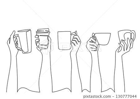 Continuous one line drawing 5 types of glasses were lifted by hands. At an event. Healthy celebration without alcohol just caffeine. National Beverage Day. Single line draw design vector illustration 130777044