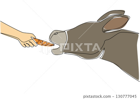 Continuous one line drawing hand holding carrot is feeding the donkey. Eat with gusto. Extra food for hard work. Very easy to be friendly. World Donkey Day. Single line draw design vector illustration Continuous one line drawing hand holding carrot is feeding the donkey. Eat with gusto. Extra food for hard work. Very easy to be friendly. World Donkey Day. Single line draw design vector illustration 130777045