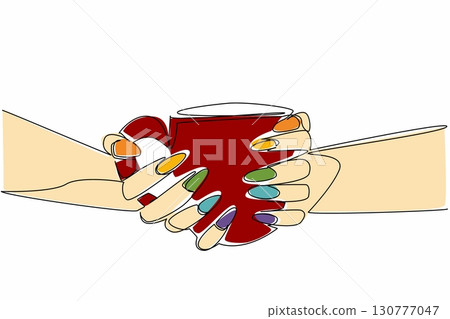 Single continuous line drawing a pair of hands holding a mug with colorful nails. A new, fresher look. Looks more elegant. Fashionable. More beautiful. Nail Day. One line design vector illustration Single continuous line drawing a pair of hands holding a mug with colorful nails. A new, fresher look. Looks more elegant. Fashionable. More beautiful. Nail Day. One line design vector illustration 130777047