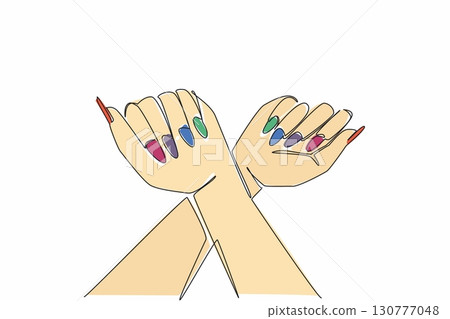 Single one line drawing a pair of crossed hands showing colorful nails. Pose for a digital advertisement. Showing the beauty of a nail. Beautiful. Nail Day. Continuous line design graphic illustration Single one line drawing a pair of crossed hands showing colorful nails. Pose for a digital advertisement. Showing the beauty of a nail. Beautiful. Nail Day. Continuous line design graphic illustration 130777048