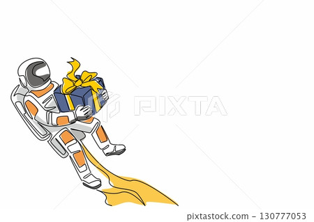 Continuous one line drawing astronaut flying using jetpack and holding gift box. Technology that makes human life easier. A memory. National Astronaut Day. Single line draw design vector illustration Continuous one line drawing astronaut flying using jetpack and holding gift box. Technology that makes human life easier. A memory. National Astronaut Day. Single line draw design vector illustration 130777053