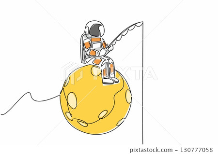 Continuous one line drawing astronaut fishing while sitting on full moon. Symbolism of releasing boredom, sleepiness and fatigue. National Astronaut Day. Single line draw design vector illustration 130777058