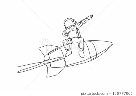 Single continuous line drawing astronaut sitting on rocket while posing dabbing style. Expression of excitement towards first expedition. National Astronaut Day. One line design vector illustration 130777065