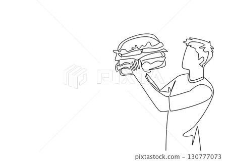 Continuous one line drawing a man eating a large burger. Very fond of eating fast food in large portions. Being full is a priority. National No Diet Day. Single line draw design vector illustration 130777073