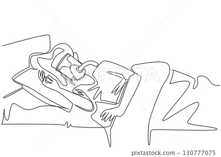 Single continuous line drawing woman sleeping on bed using a blanket while wearing CPAP mask. Avoiding breathing disorders during sleep. Sleep Apnea Awareness Day. One line design vector illustration 130777075