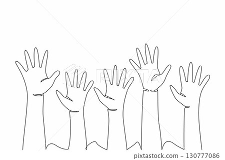 Single continuous line drawing 5 colorful open palms raised at varying heights. A symbol of freedom and happiness. Cheerful together. Friendship. Day of Children. One line design vector illustration Single continuous line drawing 5 colorful open palms raised at varying heights. A symbol of freedom and happiness. Cheerful together. Friendship. Day of Children. One line design vector illustration 130777086