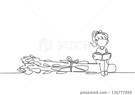 Single continuous line drawing girl reading on asparagus. Seriously read about the benefits of asparagus for the body. Girl Reading Book at Vegetables and Fruits. One line design vector illustration Single continuous line drawing girl reading on asparagus. Seriously read about the benefits of asparagus for the body. Girl Reading Book at Vegetables and Fruits. One line design vector illustration 130777089