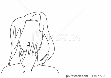 Continuous one line drawing the young beautiful woman covers her mouth with her hand. Posing. Showing off the charm of beauty. Fashionable. Cute. Nail Day. Single line draw design vector illustration 130777090