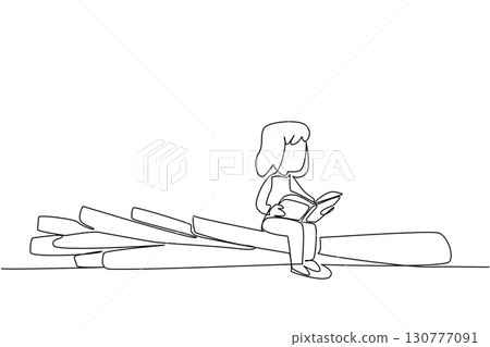Continuous one line drawing girl reading on leek. Read the recipe on the best processing for spring onions. Girl Reading Book at Vegetables and Fruits. Single line draw design vector illustration 130777091