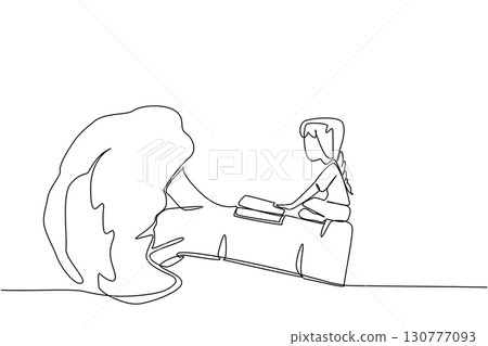 Single one line drawing girl reading on broccoli. Curiosity makes learning. Know a lot of knowledge. The nerd. Girl Reading Book at Vegetables and Fruits. Continuous line design graphic illustration 130777093