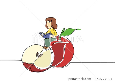 Single continuous line drawing young girl reading on apple. Reading while snacking on apples. Smart and healthy. Nerd. Girl Reading Book at Vegetables and Fruits. One line design vector illustration Single continuous line drawing young girl reading on apple. Reading while snacking on apples. Smart and healthy. Nerd. Girl Reading Book at Vegetables and Fruits. One line design vector illustration 130777095
