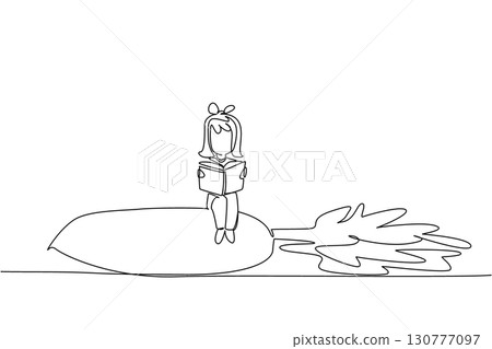 Single one line drawing girl reading on white radish with its leaves. The one who loves reading books the most. Girl Reading Book at Vegetables and Fruits. Continuous line design graphic illustration 130777097